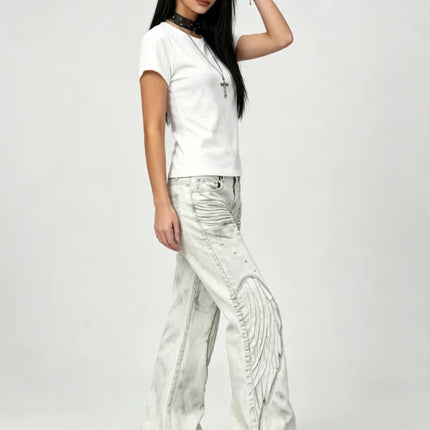 Y2K Distressed Wing Patch Embroidery Slight Flare Pants Slim Punk Jeans for Men and Women
