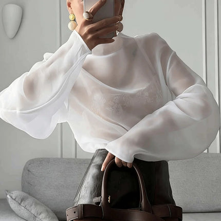 Chic Long Sleeve Mesh Blouse Half-high Collar O Neck Gauze Blouse See Through Cropped Blouse Lady Daily
