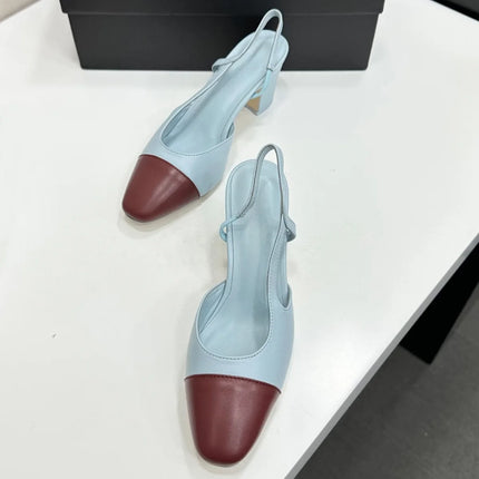2026 Women's Leather & Denim Two-Tone Cap-Toe Slingback Pumps, Retro Office Evening Shoes YYT26041916