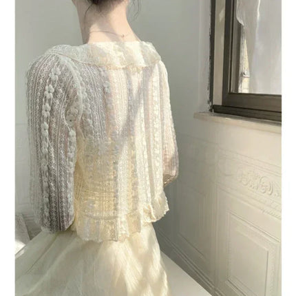 Summer Apricot Lace Belt Women Cardigan Korean Fashion V-neck Long Sleeve Cropped Tops Sweet Slim Thin Sunscreen Jacket Female