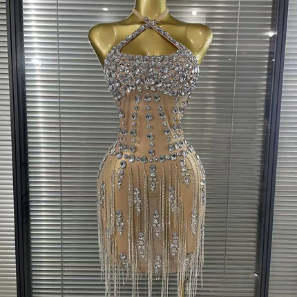 Luxury Crystals Diamonds Evening Party Dress Women Sexy Halter See Through Mesh Birthday Gowns Nightclub Singer Stage Wear