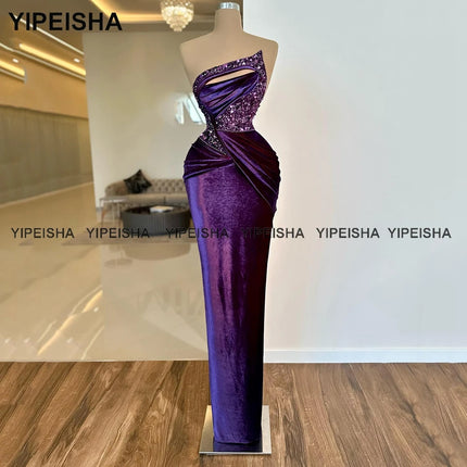 Yipeisha Asymmetric Mermaid Evening Gown  Purple Velvet Prom Dresses Beaded Velour Pageant Party Gowns Customized