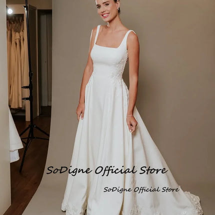 SoDigne A-line Appliques Simple Wedding Dresses Square Collar Sleeveless Satin Bridal Dress Women Long Wedding Gown Customized