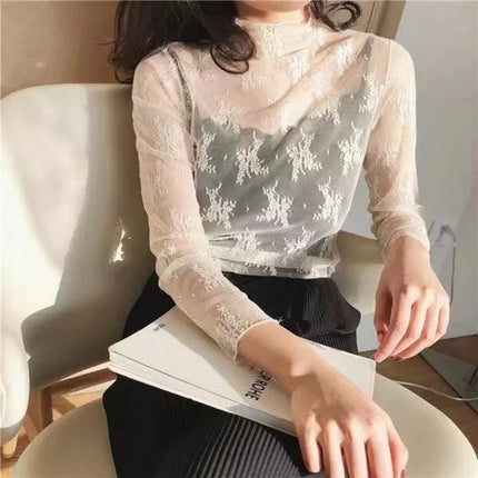 Women Half High Collar Lace Bottomed Blouse Spring And Autumn  Hollow Mesh Top Sexy Western-style Long Sleeve T-shirt Crop Top