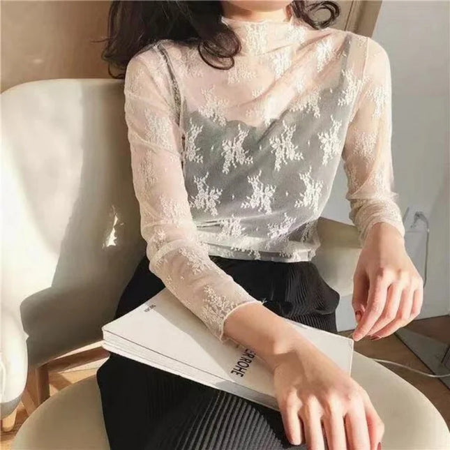Damen-Bluse mit halbem Stehkragen, Spitze unten, Frühling und Herbst, ausgehöhltes Mesh-Oberteil, sexy Langarm-T-Shirt im westlichen Stil, bauchfreies Oberteil