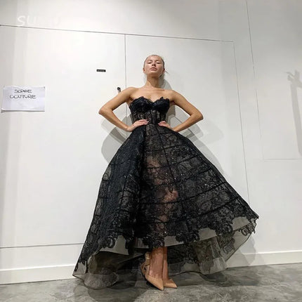 Customized Evening Dress  2025 Gorgeous Black Lace Ball Gown Women Wedding Elegant Party Dress Sleeveless Prom Gown