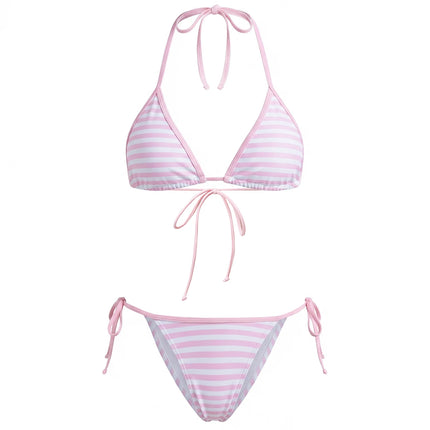 Womens Stripe Bikini Sets Halter Bra Tops with Tie-up Thong 2 Pcs Set Swimsuits Stylish Sexy Beach Pool Bathing Suit