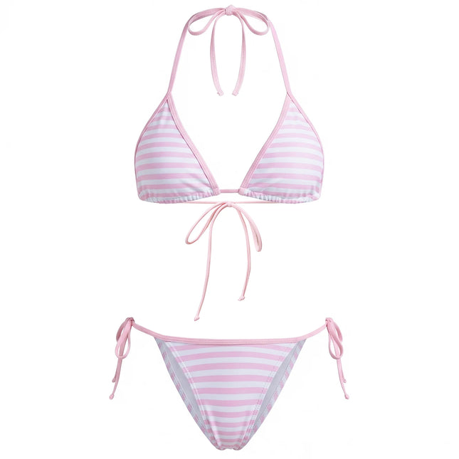 Damen-Streifen-Bikini-Sets, Neckholder-BH-Oberteile mit gebundenem Tanga, 2-teiliges Set, Badeanzüge, stilvoll, sexy, für Strand und Pool