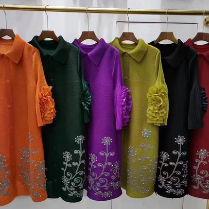 Fashion Print Pleated Dress Women Lapel Floral Sleeves Design Single Breasted A-line Dresses 2024 Summer New
