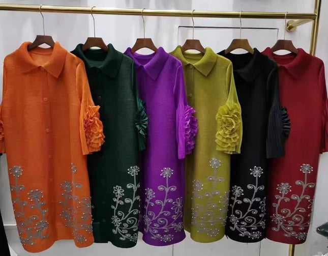 Fashion-Druck Plissiertes Kleid Damen Revers Blumige Ärmel Design Einreihige A-Linien Kleider Sommer Neu 2024