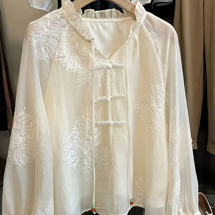Elegant Embroidered Lace Shirt for Women Chinese Style National Trend Button Stitching  Stand Collar Belted Retro Shirt