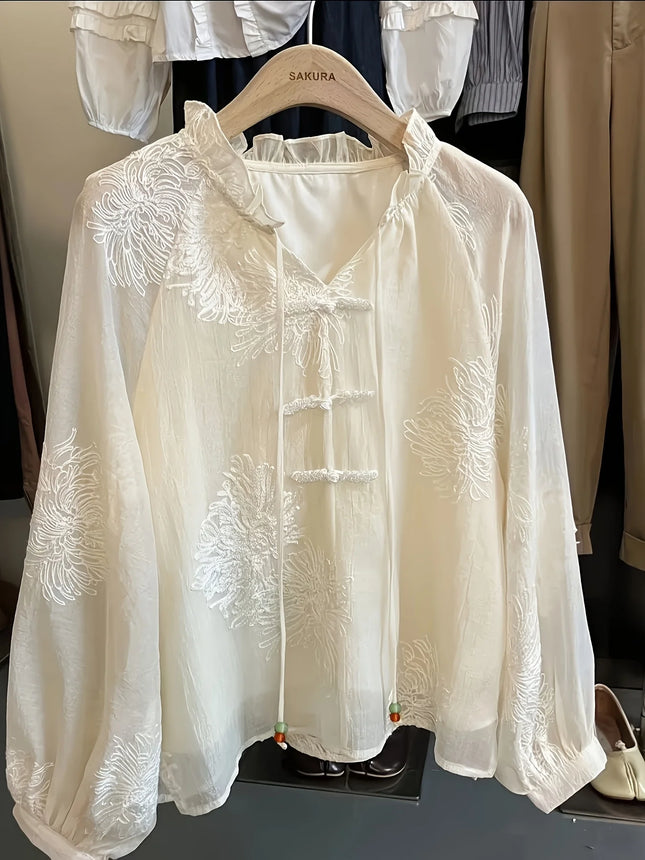 Elegant Embroidered Lace Shirt for Women Chinese Style National Trend Button Stitching Stand Collar