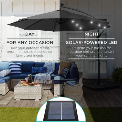 10ft Solar LED Offset Cantilever Hanging Market Patio Umbrella, 8 Sturdy Ribs, Easy Adjustment - Gray, Customized