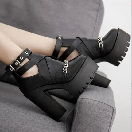 New sexy High heels Fashion Ankle Boots For Women High Heels Casual Cut-outs Buckle Round Toe Chain Thick Heels Platform Shoes