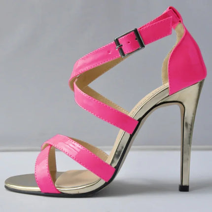 Metal Heel Sexy Crocodile Pattern/Patent Leather Women Sandals 2025 New Open Toe Cross Buckle High Heels Dress Party Shoes Woman