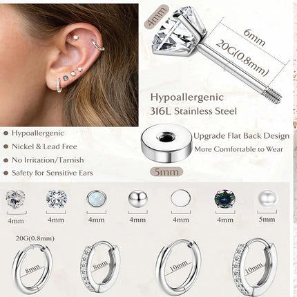 Stainless Steel Stud Hoop Earrings for Women Flat Back Cartilage Earrings 925 Sterling Silver Small Hoops Trendy Earring Set