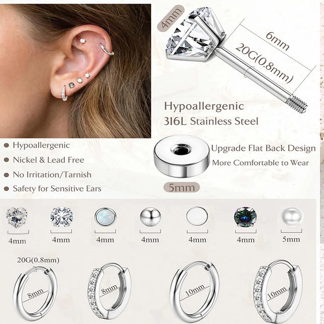 Stainless Steel Stud Hoop Earrings for Women Flat Back Cartilage Earrings 925 Sterling Silver Small - product image 2