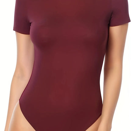 Women Solid Color Slim Fit Short Sleeve Bodysuit Summer Crew Neck Adult Gymnastics Dance Tops Jumpsuit