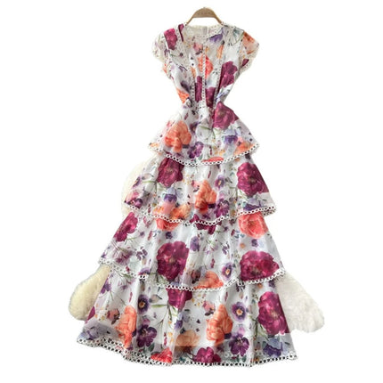 Long Dress Women Cake Dresses A Line Vestidos Y2k Streetwear Ruffles High Waist Elegant Splice Party Night Work Print Floral