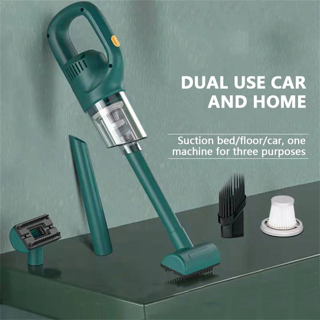 Green handheld vacuum cleaner with floor head, crevice nozzle, brush, and filter accessories