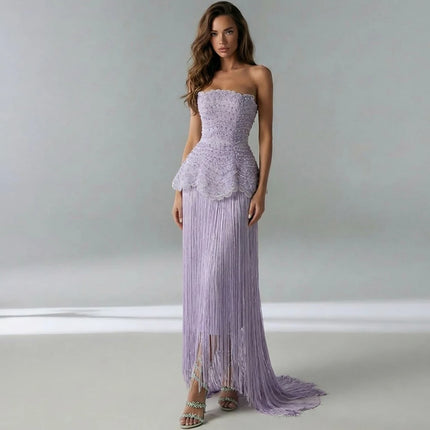 Exquisite Tassel and Beading Vestido De Festa Customized Strapless Lace Evening Dress Classic Straight Sleeveless Robe de soirée