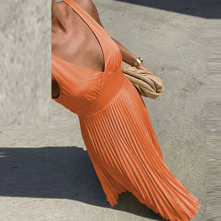 Summer Pleated Banquet Dress Elegant V-neck Sleeveless Halter Evening Dress Temperament High Waist Hollow Dress