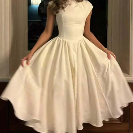 YENKYE  2025 Women Sexy Backless Elegant Party Midi Dress Short Sleeve O Neck Solid A-line Autumn Dresses Female Vestidos