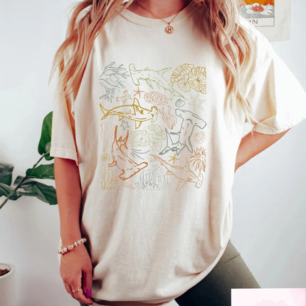 Vintage Comfort Shark Boho Shirt Marine Biologist Gift Ocean Lover Tee Cotton Short Sleeve Unisex Y2K Casual Shirt Streetwear