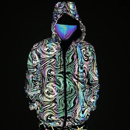 Spring And Autumn Men's Colorful Reflective Swirl Jacket Hooded Zipper Technology Long Sleeve Jacket Hip Hop Reflective Top