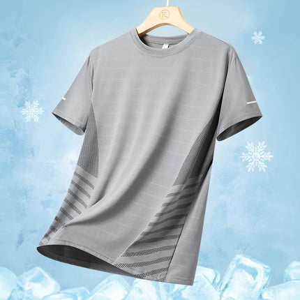 Summer Men's Silk Ice Round Collar T-shirt, Simple Running Fitness Suit, Breathable Thin T-shirt, Quick Dry T-shirt, Summer Tees