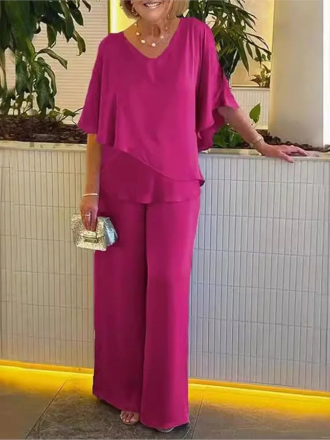 Sommer Neuer unifarbener Rundhals Kurzarm Damenanzug Lässiges lockeres unregelmäßiges Oberteil Elegante Damen-Jumpsuits Büro 2-teiliges Set