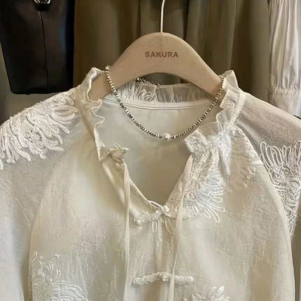 Elegant Embroidered Lace Shirt for Women Chinese Style National Trend Button Stitching  Stand Collar Belted Retro Shirt