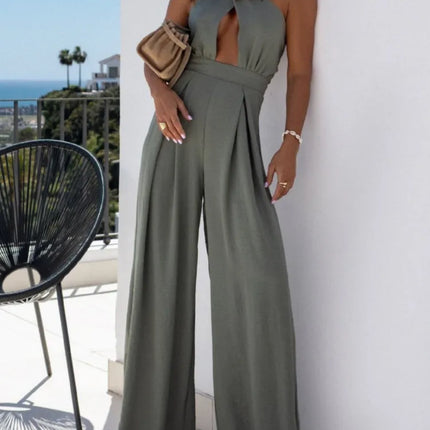 Sexy Backless Halter Neck Sleeveless Bandage Jumpsuit Summer Women Fashion Red Black Hollow Out Wide Leg Jumpsuits Streetwear