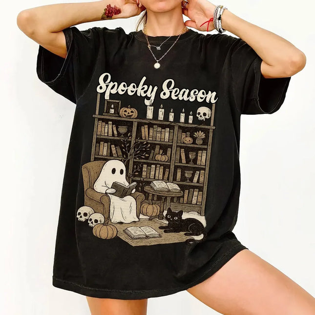 Spooky Geist-Lese-Shirt, Halloween Schwarze Katze T-Shirt, Gemütliches Bibliotheks-Kürbis-Shirt, Herbst-Ästhetik T-Shirt, Hexen-Bücherwurm-Geschenk