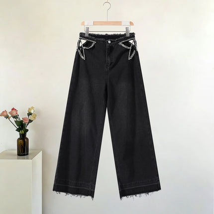 Sexy Women's Jeans Hollow Out Straight Female Denim Pants 2026 Summer Fashion High Street Rhinestone Embellished Lady Trousers