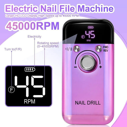 Professional Electric Nail Drill Machine 45000RPM Portable Nail Sander File Rechargeable Low Noise Manicure Salon Tool
