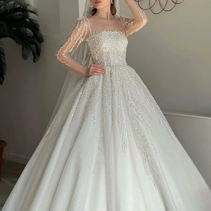 Luxurious Wedding Dress Embroidery With Bead Ball Gown A-Line Square Collar Full Sleeve Customized Bride Dress Vestido De Novia
