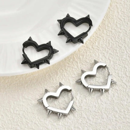 Creative Gothic Punk Rivet Heart Hoop Earrings, Stainless Steel Geometric Piercing Earrings, Unique Cool Jewelry for Party