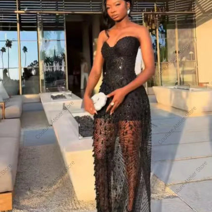 Aso Ebi Style Luxury Black Stones Evening Dresses Illusion Prom Gowns Elegant Evening Dress Wedding Party Mermaid Customized