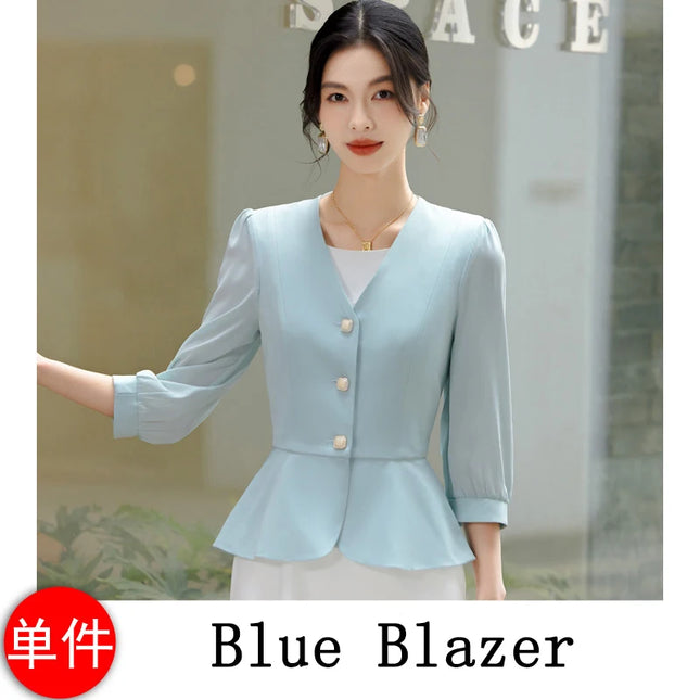 Women Casual 2 Pieces Set 2024 New Fashion Lantern Sleeve Jacket + White Dress Suit Office Ladies - product image 7