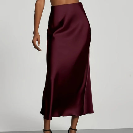 Women's Satin Midi Skirt, High‑waisted Slim Straight, Elegant Draping, Mature Versatile for Commute, Vacation & Parties