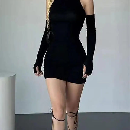 Ruched Bodycon Dress Turtleneck Mini Dresses With Sleeves Autumn Black Skinny Stretchy Party Y2K Clothing
