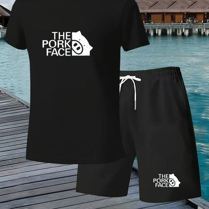 Men'S New Summer Collection2026Short-Sleeved Top Set，Quick-Drying And BreathableThe Pork Face+Pig Head Print Suit