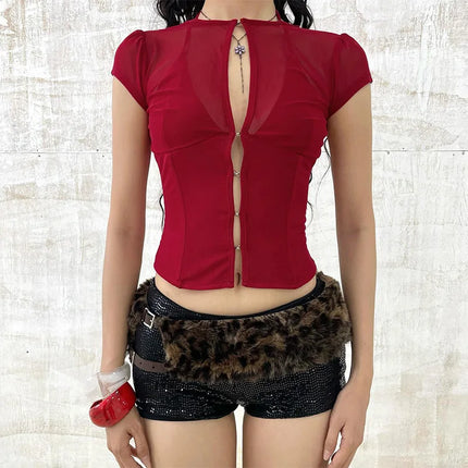 Summer Y2K Sexy Club Party Sheer Mesh Solid Slim Fit Cropped Hook Eye Corset Round Neck Short Sleeve T-shirt