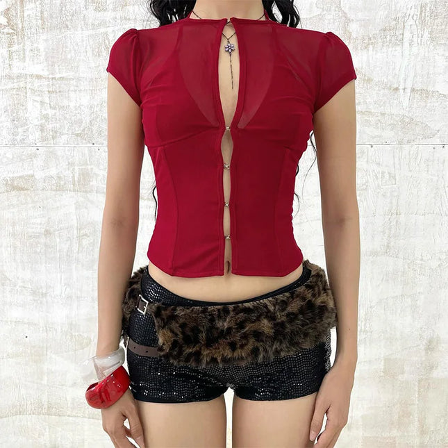 Summer Y2K Sexy Club Party Sheer Mesh Solid Slim Fit Cropped Hook Eye Corset Round Neck Short Sleeve T-shirt