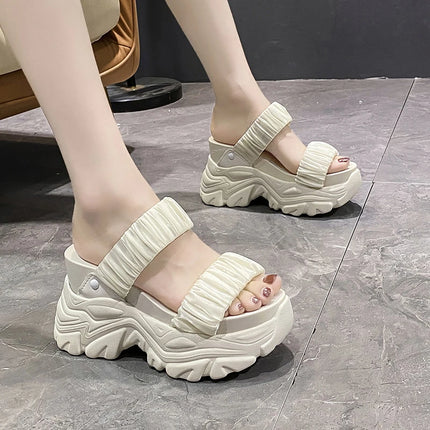 New 10CM Summer Platform Slippers Women Blue Pleated Riband Discolor Ladies Chunky Sole Beach Cool Wedges Slides Shoes Woman