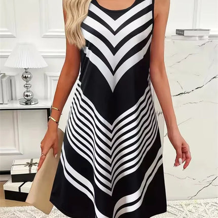 2025 New Fashion Women's Dress Casual Beach Round Neck Sleeveless Loose Dress Summer Women's Vest Striped Print Dress Sundress