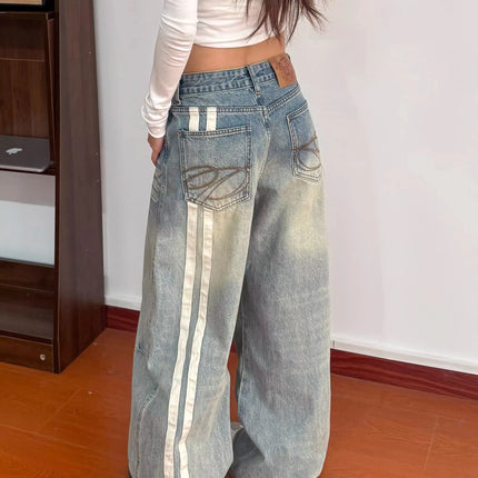 Ropa Y2K Fashion Striped Patchwork Washed Blue Baggy Women's Jeans Pants For Woman Clothing Straight Vintage Denim Trousers