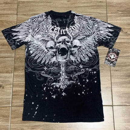 Y2K New Vintage Gothic Skull Wing Printed Long Sleeve Street Trend Pure Cotton Top Men Hip Hop Gothic Harajuku Oversize T-shirt