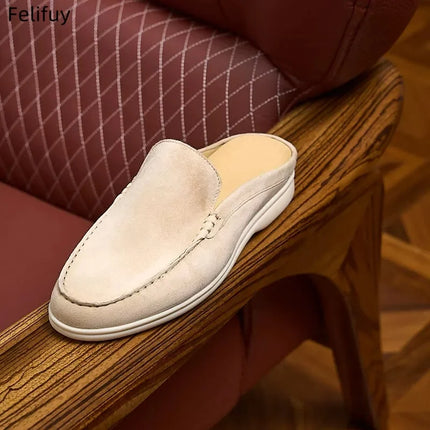 Apricot Men's Cow Suede Leather Slip-on Loafers British Style Flat Casual Dress Boat Shoes Lightweight Comfort Moccasins for Men